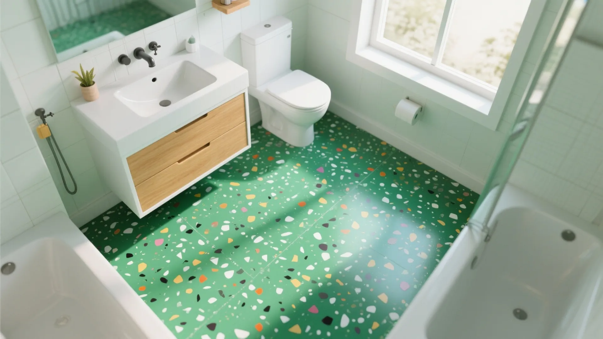 Top view of bathroom with colorful green floor tiles white sink wooden drawers and white bathtub