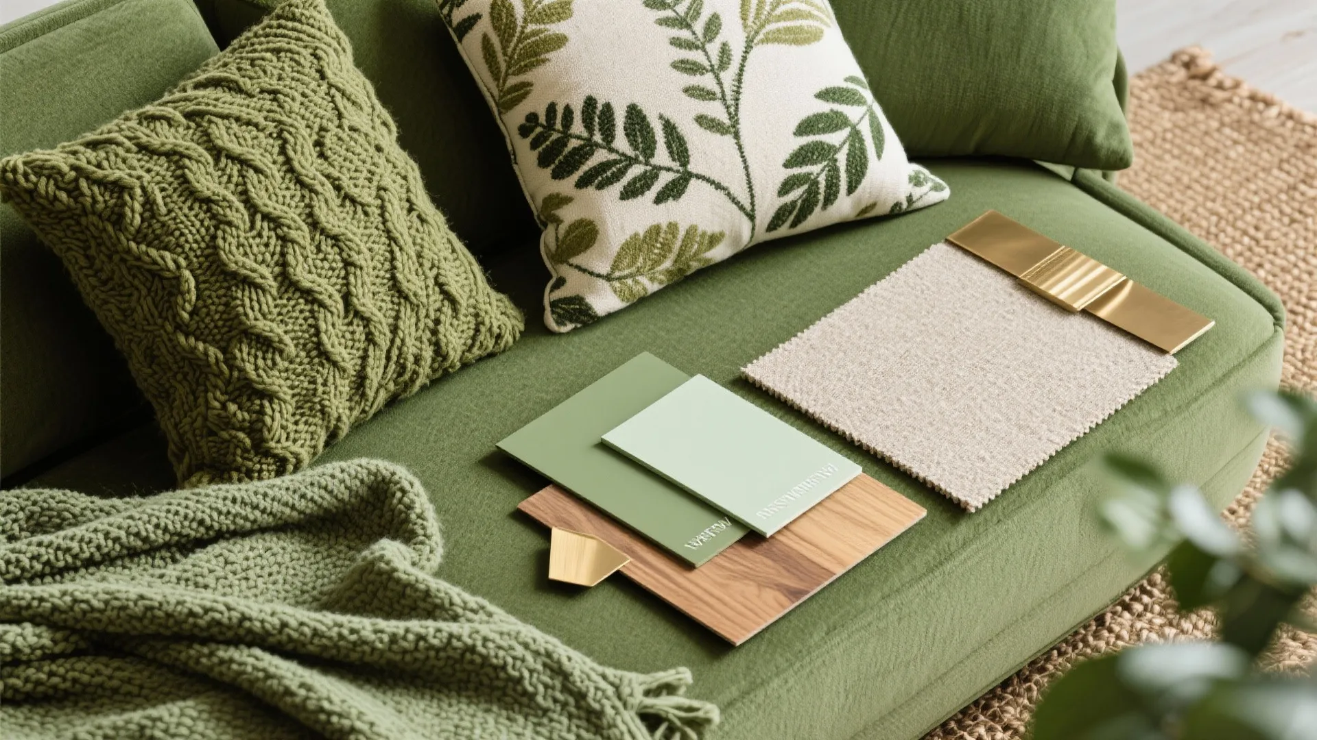 Layered Green Textiles and Botanical Patterns