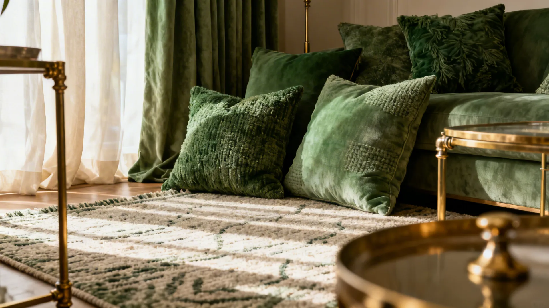 Layered green textiles with mixed-metal accents including antique gold