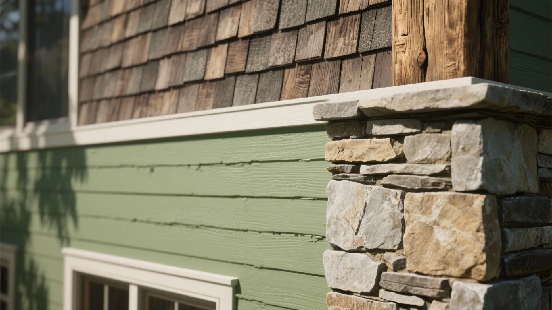 Close up of green wood siding with grey stone wall texture and dark wooden roof shingles