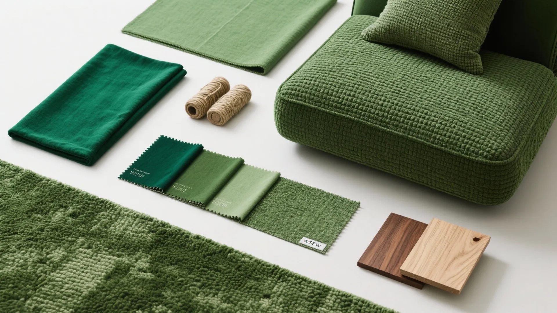 Green fabric samples and wood floor pieces arranged on a white background for interior design