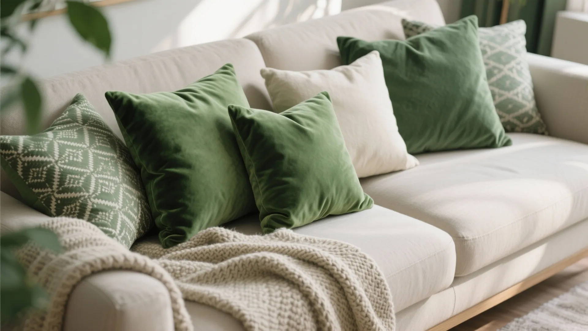 Close-up of layered green pillows and textiles on a sofa