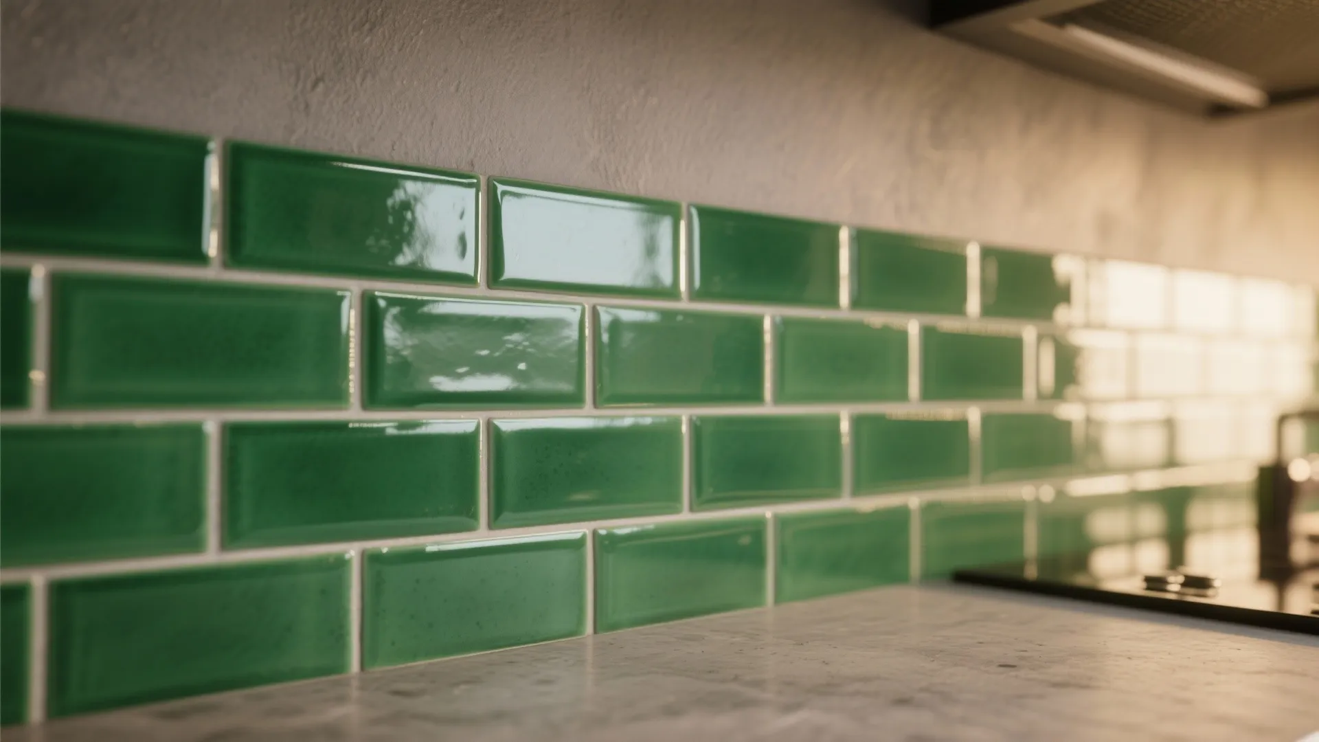 3. Green Tile Backsplash Against Warm Gray Walls