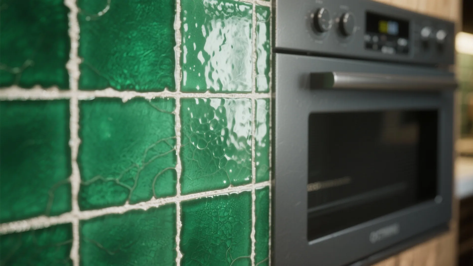 3. Green tile backsplash with charcoal-grey appliances