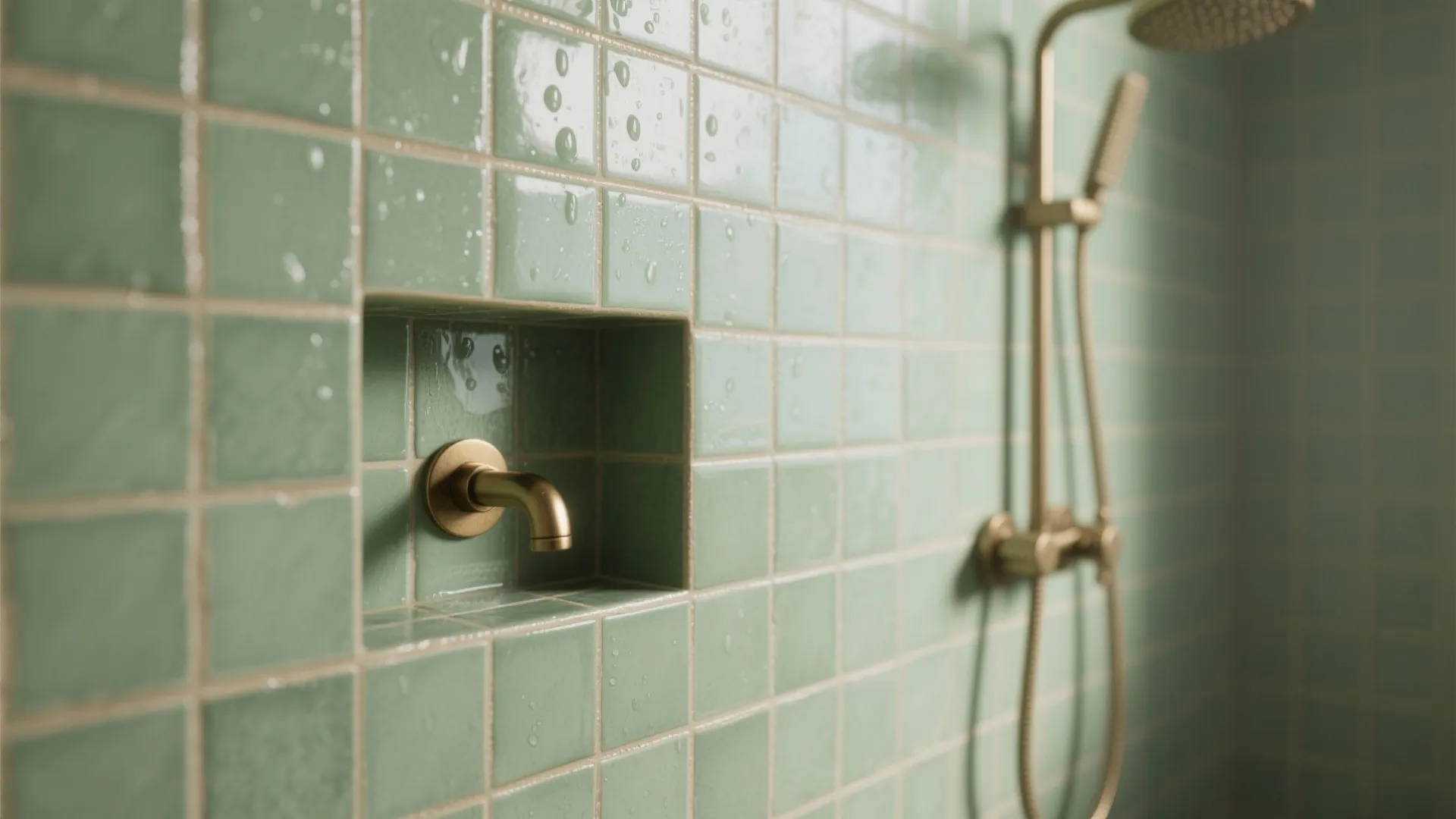 2. Green Tile Accent Wall with Beige Grout