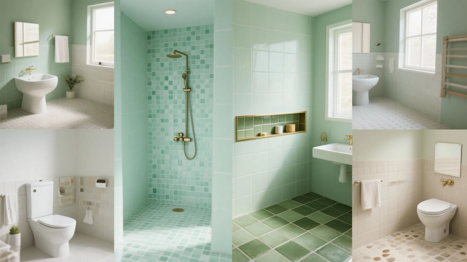 Collage of green tile applications: accent wall, mosaic floor, olive tiles with brass, and grout samples