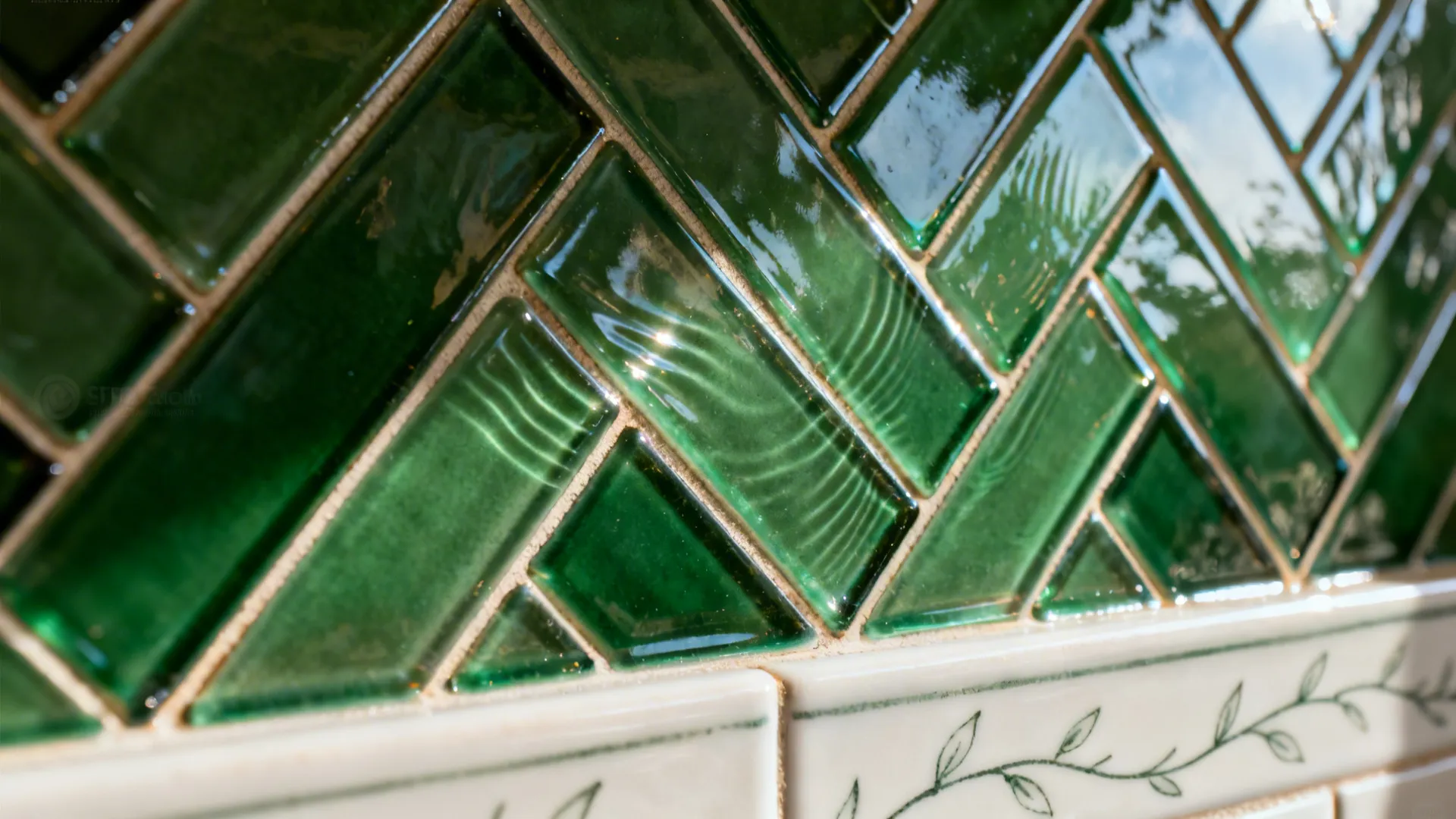 Macro of glossy forest-green herringbone tile with fine grout lines.