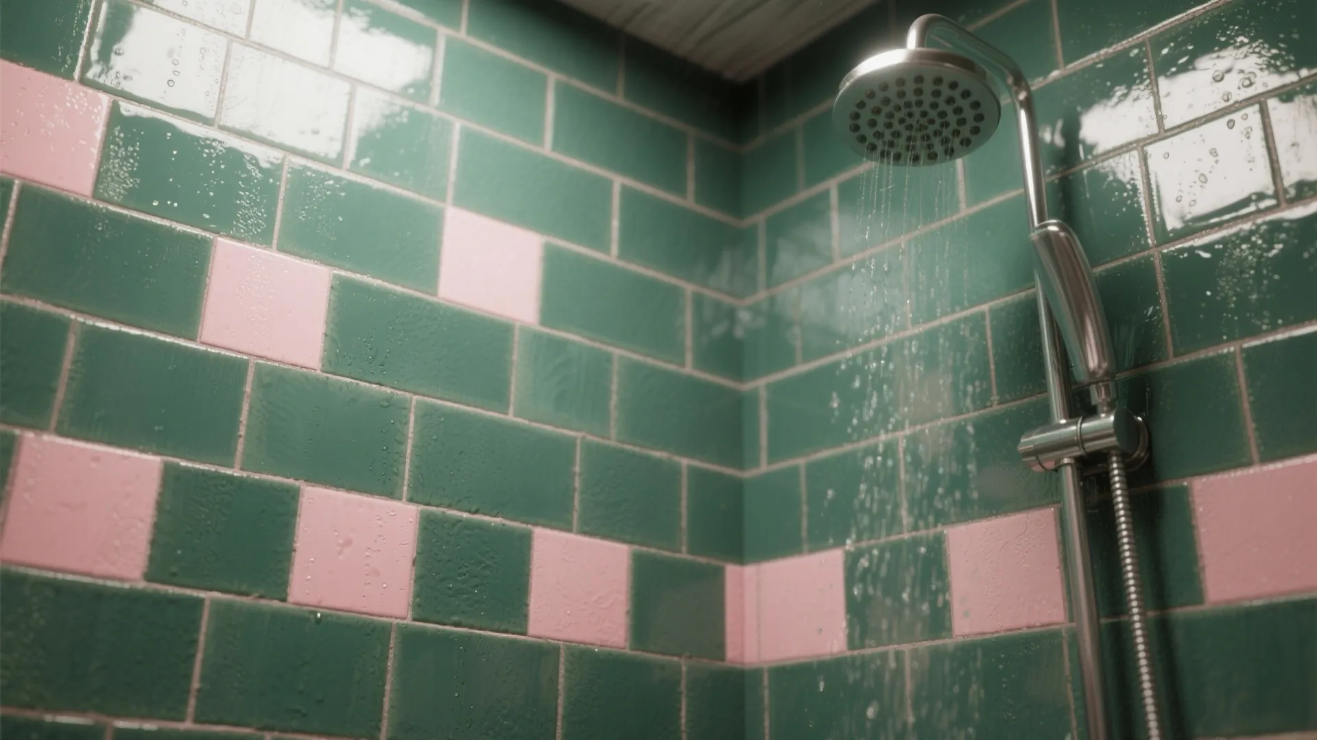 Deep green subway tiles with pink grout and a chrome shower head, showing grout texture.