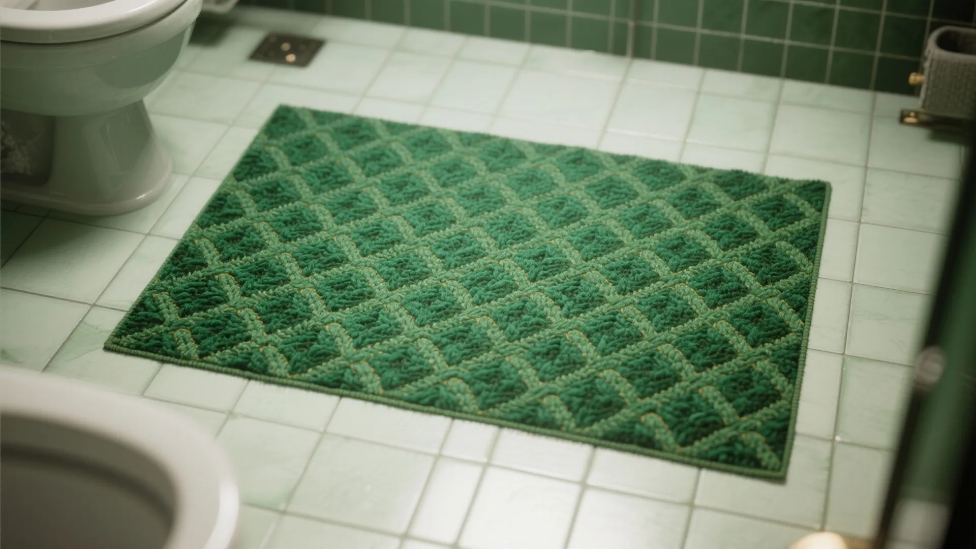 Green patterned rug on bathroom floor with light green tiles, white toilet, and drain cover
