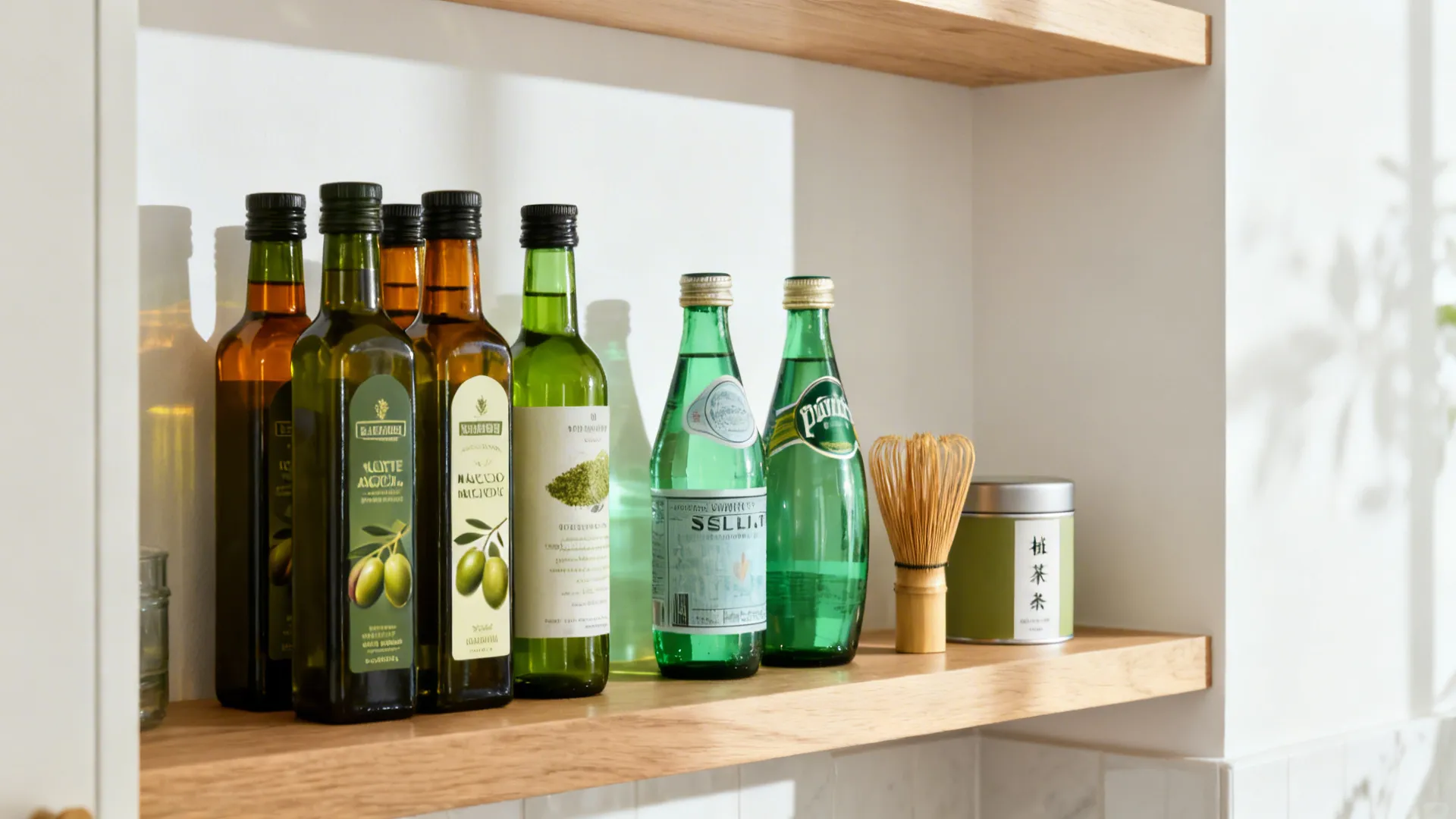 Green Bottles, Oils, and Matcha as Tonal Layers