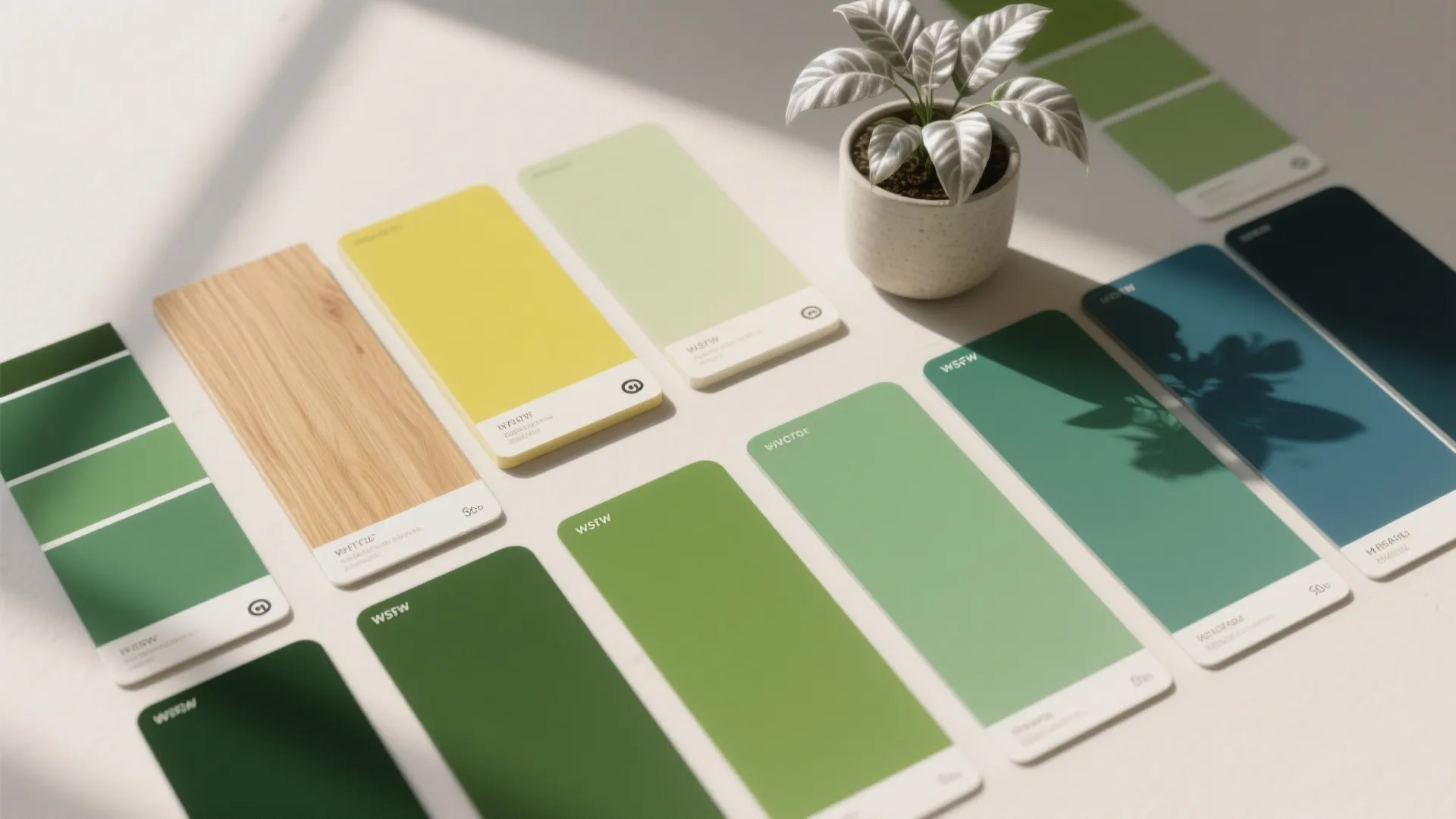 Collection of green and yellow paint swatches on table with small plant and wood sample