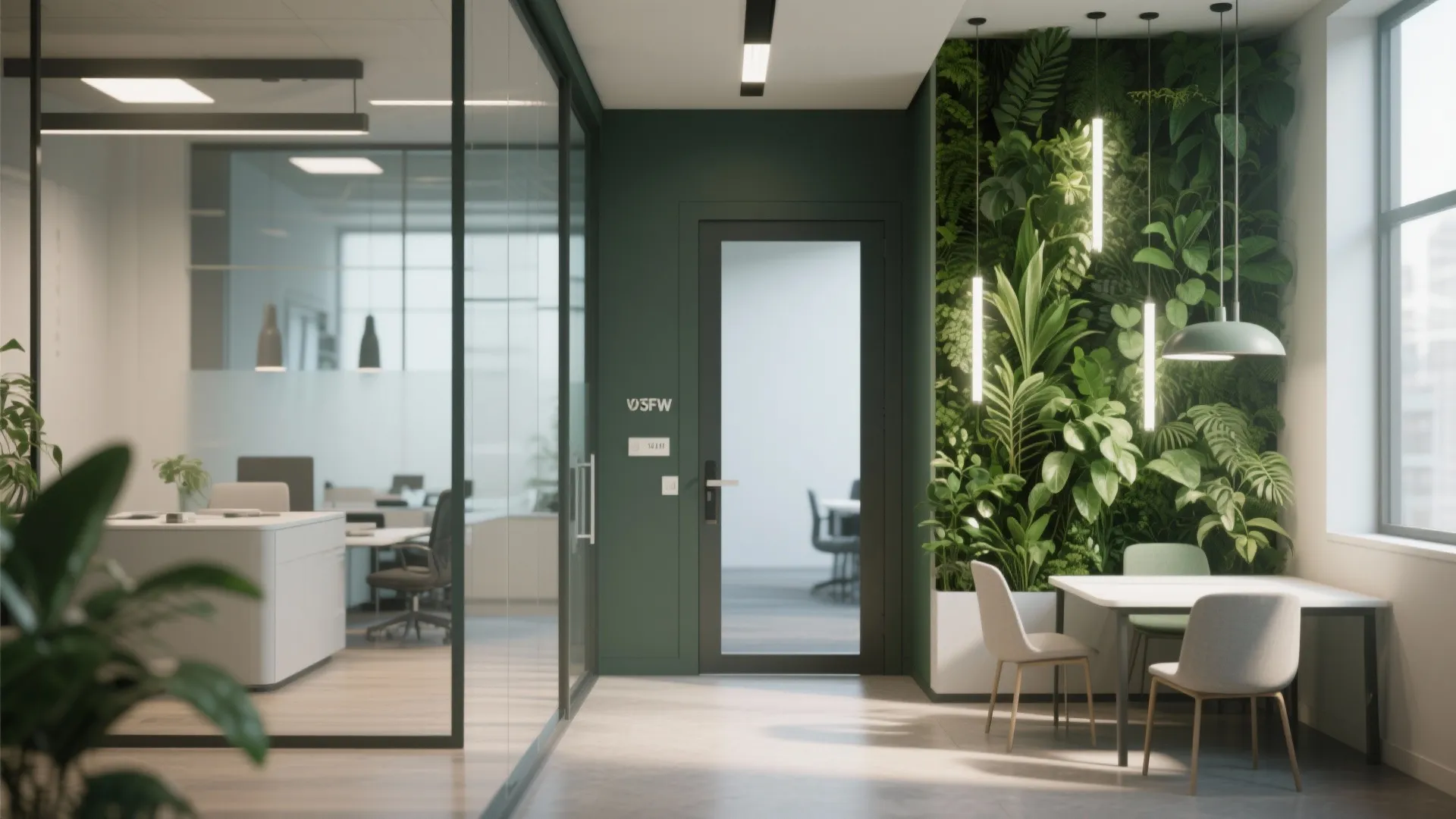 Office entryway with vertical plant wall and minimal decor