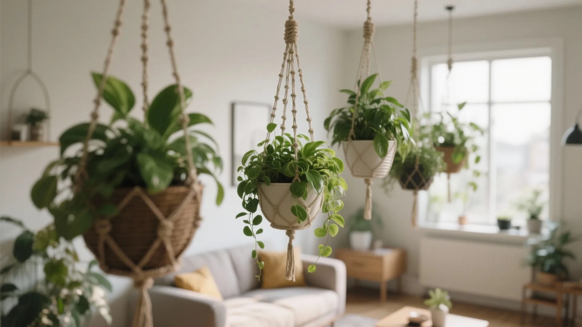 Hanging planters with fresh green foliage in a small space