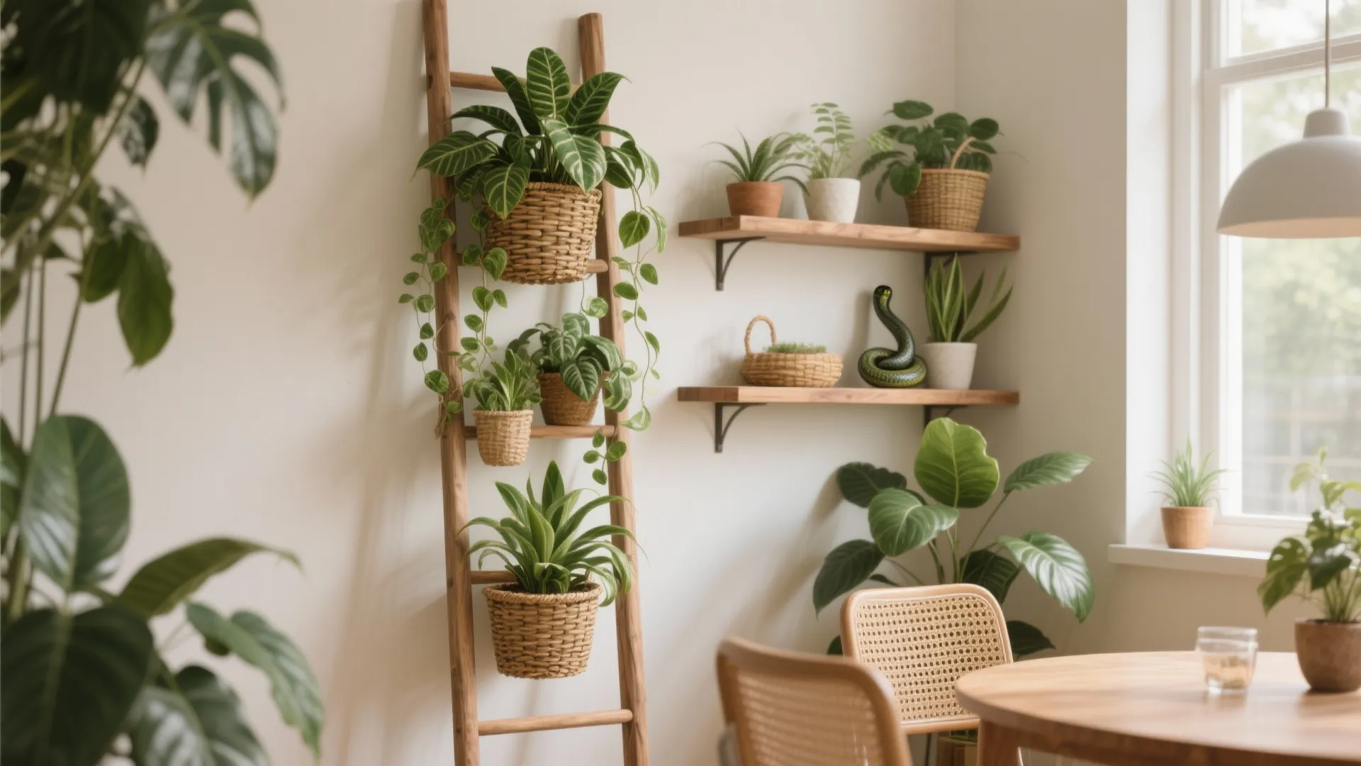 1. Green tower: vertical plants and woven shelves