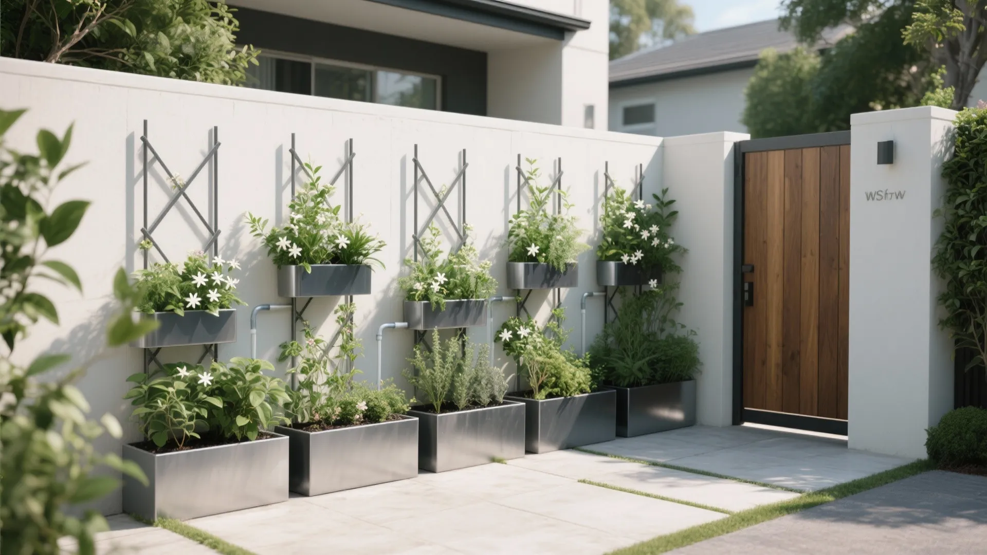 Green Boundary Wall with Planters and Trellis