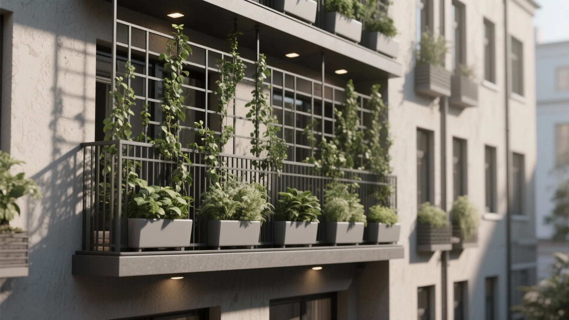 Apartment balcony featuring black metal railings grey plant pots climbing green vines and warm lights