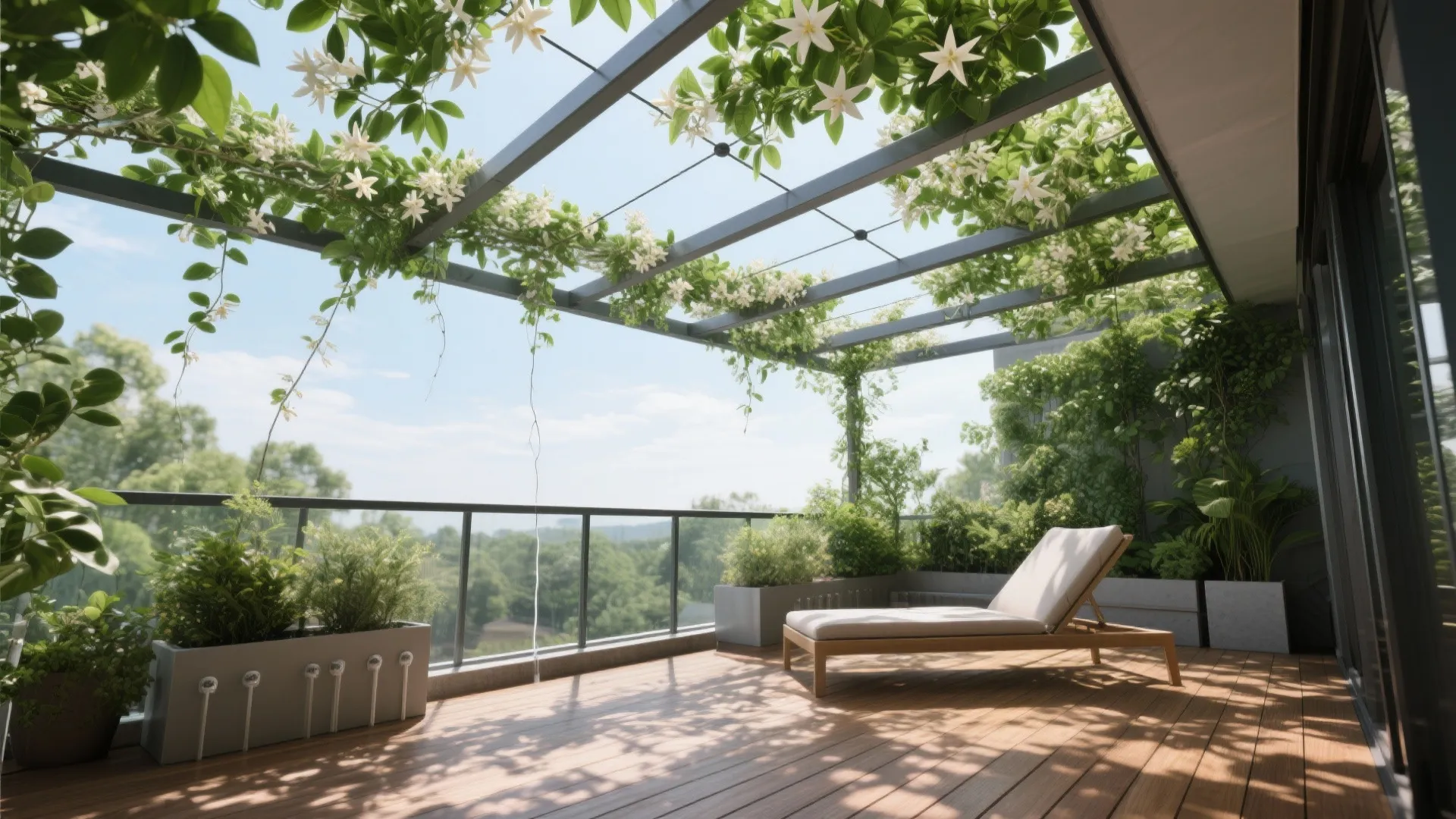Modern sunny balcony with wooden deck floor white flowers on green trellis and white sofa