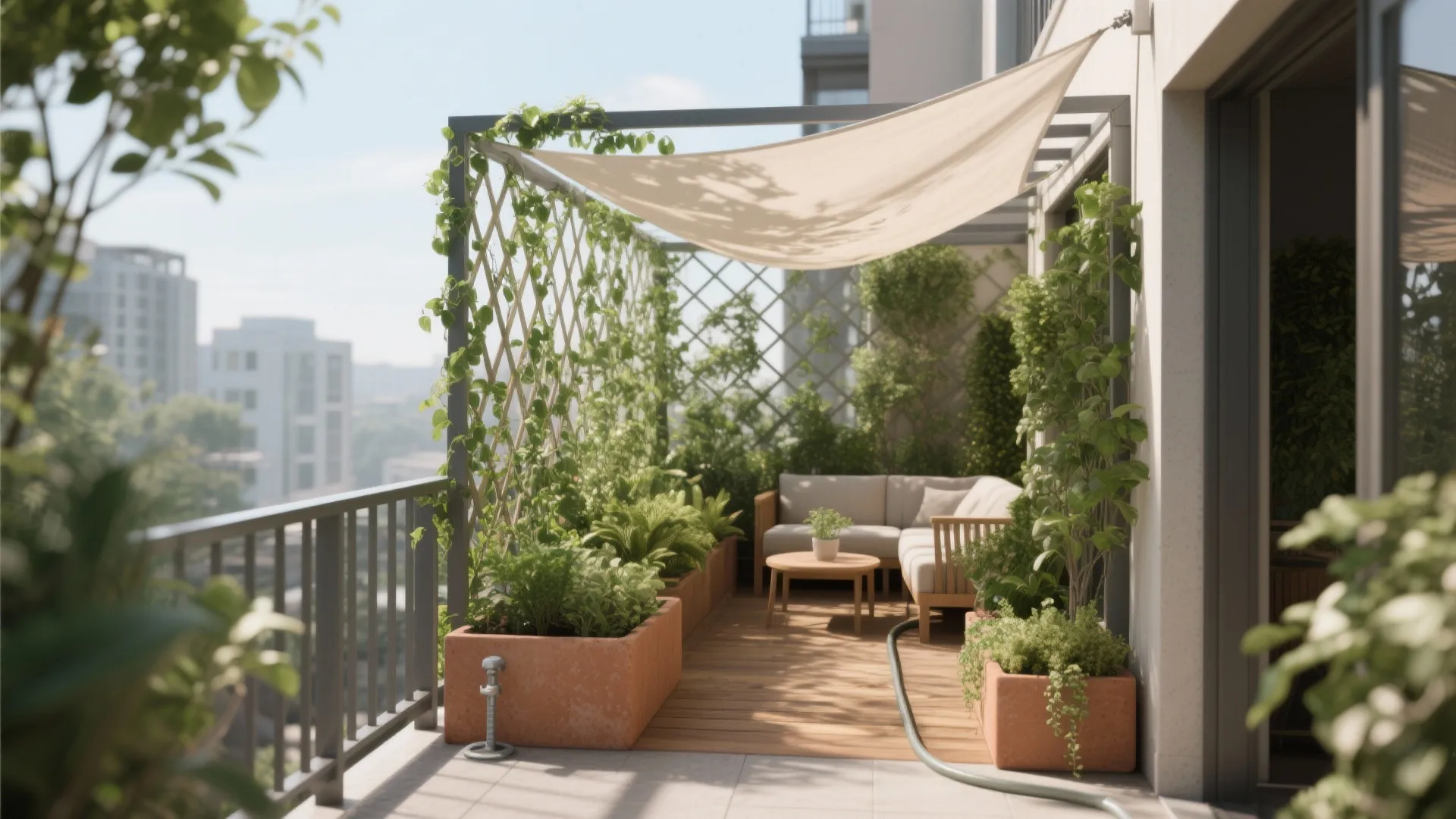 Rooftop balcony with wooden trellis climbing green plants fabric sun shade sofa and wooden floor
