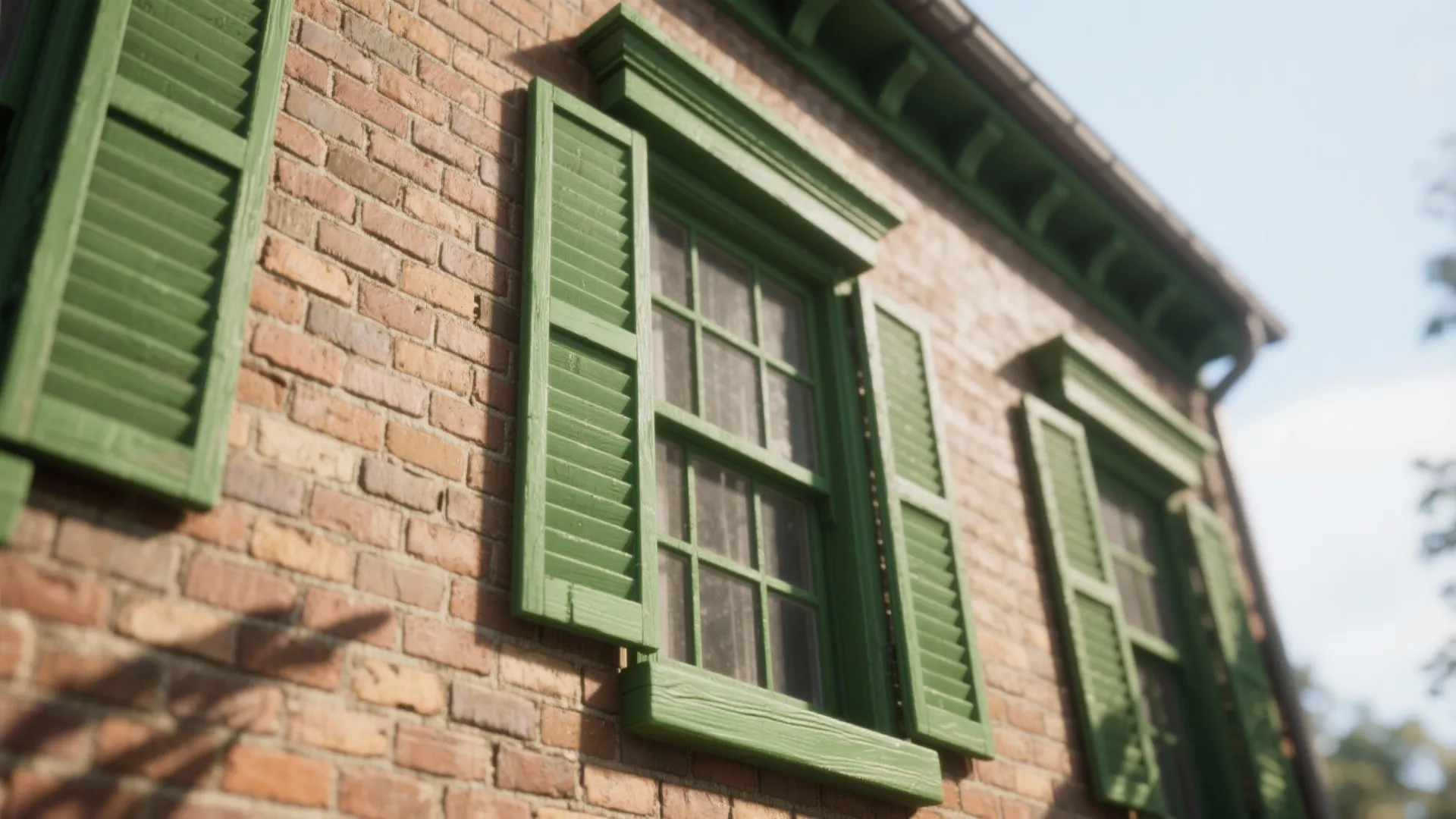 Close-up of natural brick with freshly painted green window trims and shutters highlighting contrast.