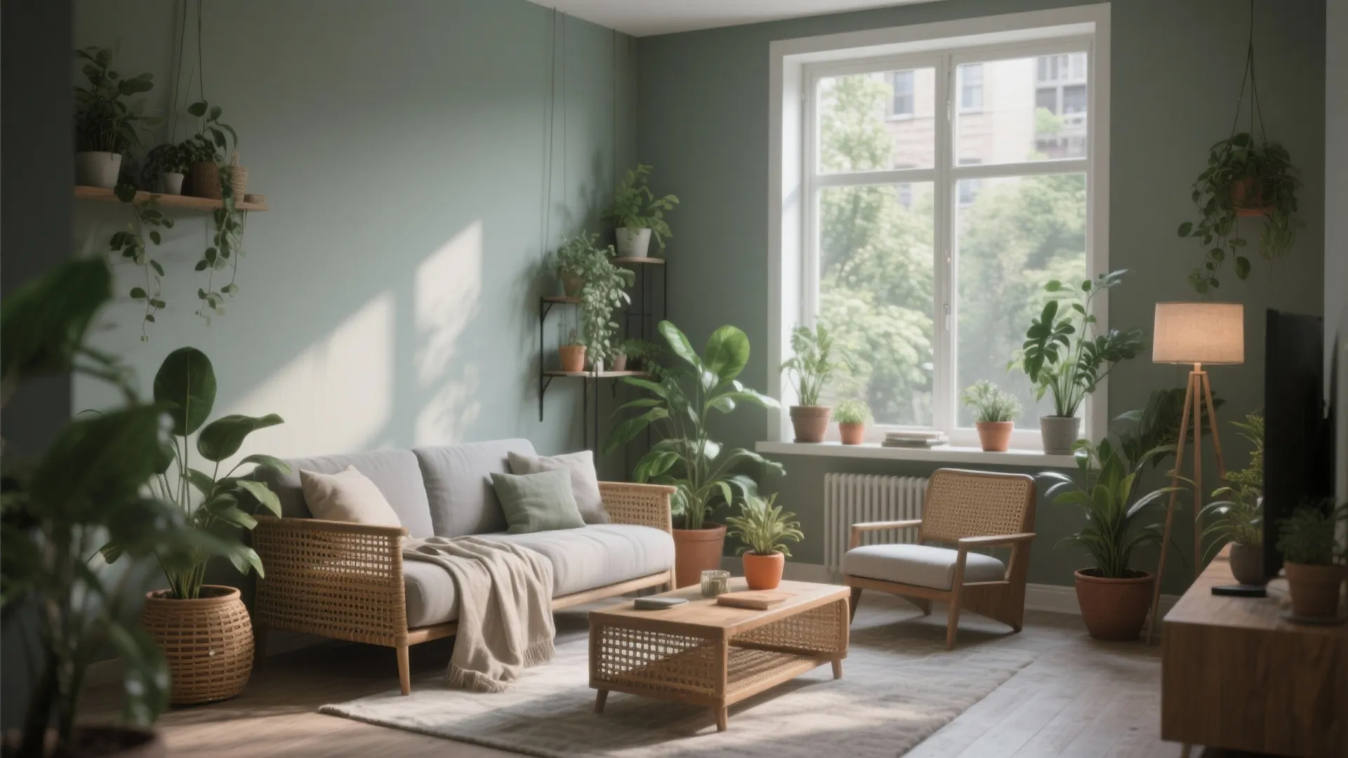 Apartment living room with green-tinged grey walls, many plants and natural-textured furniture for a calming vibe.
