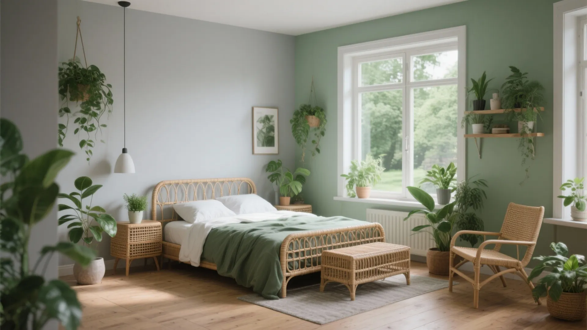 Bohemian bedroom with green walls rattan bed many indoor plants wooden floor and bright natural light