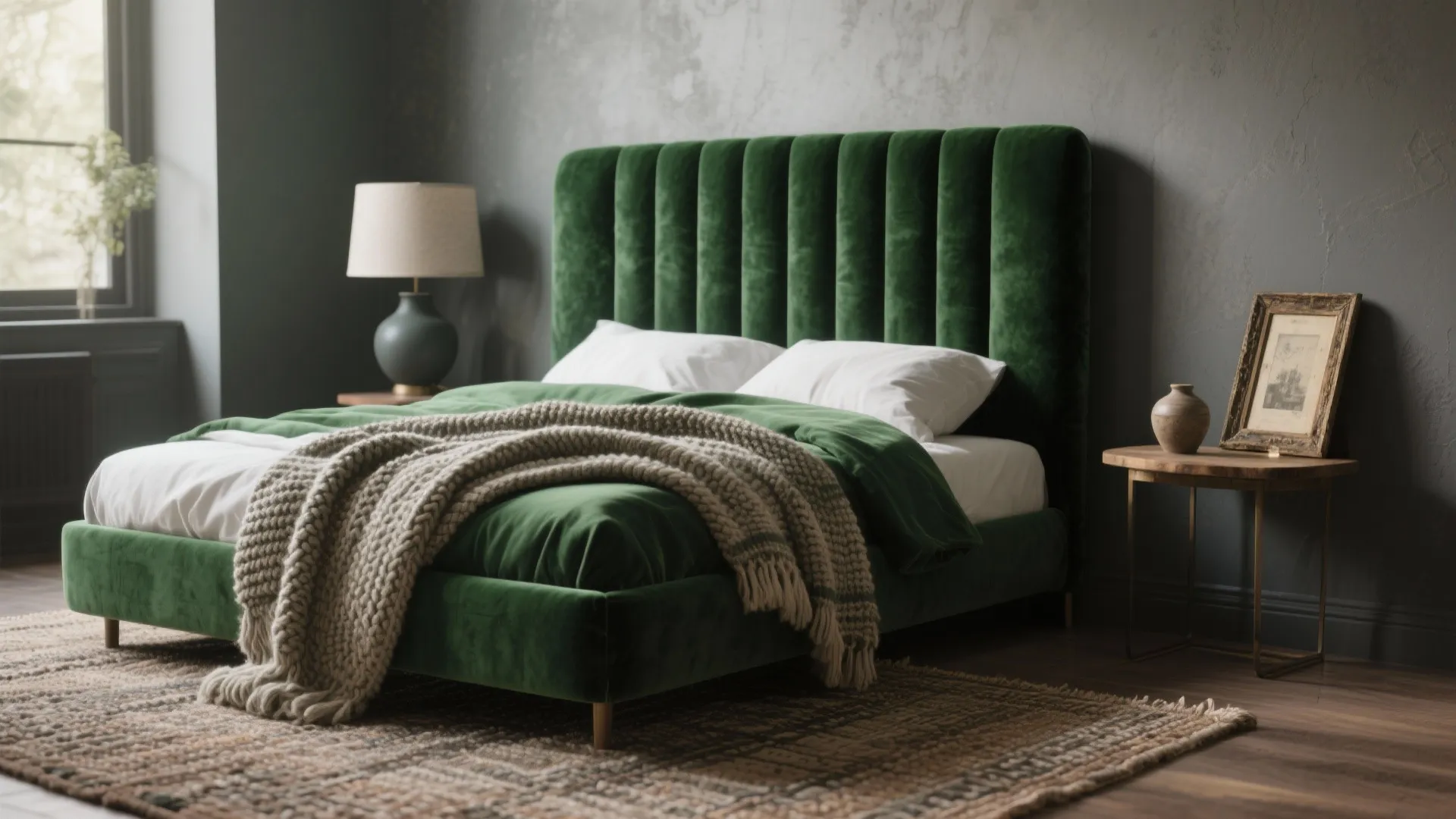 Dark green velvet bed with white pillows and knitted blanket in a modern grey bedroom