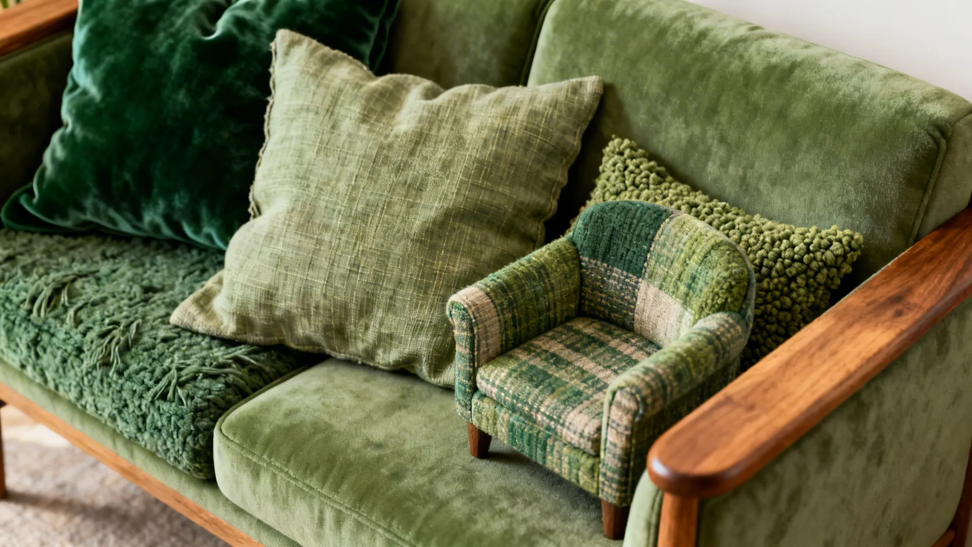 Close-up of varied green upholstery fabrics—velvet, linen and boucle—showing texture and tones.