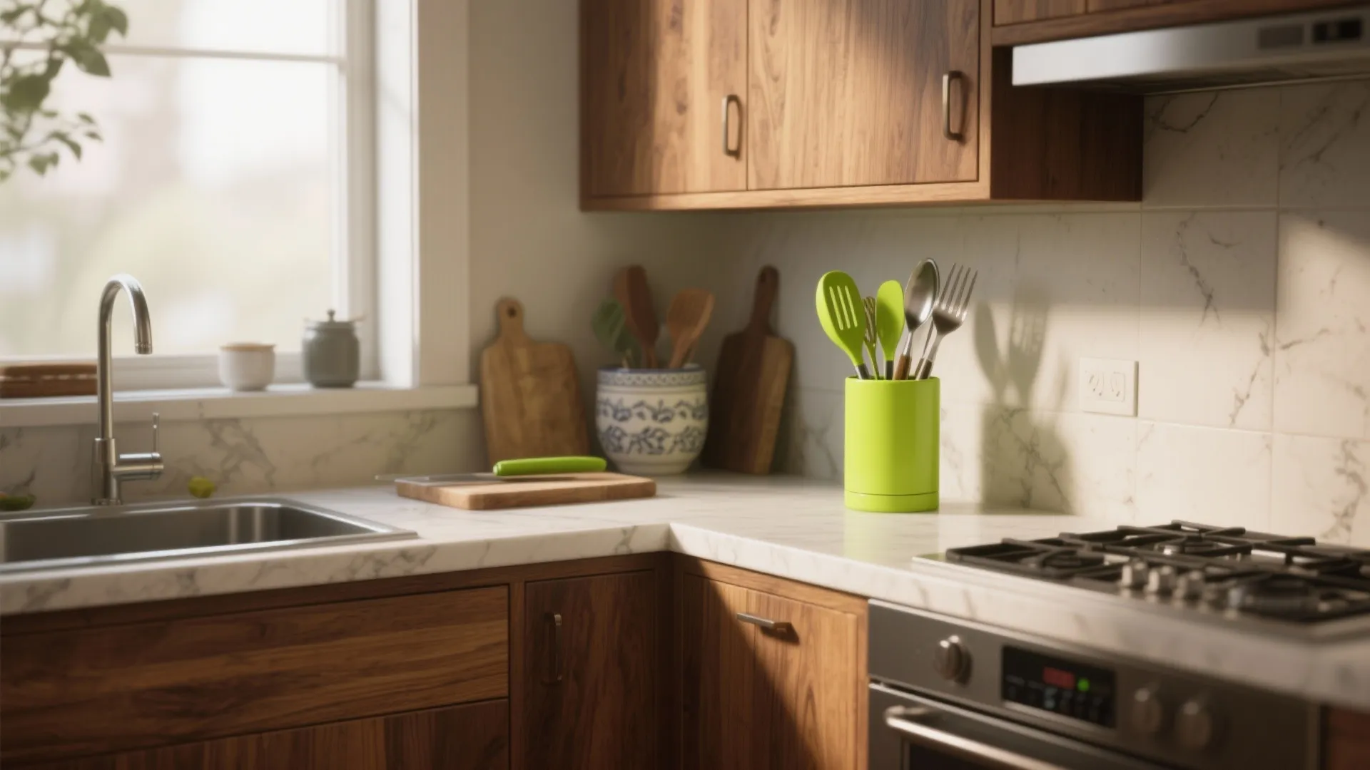Modern kitchen with wood cabinets, marble countertop, bright green cooking utensils, sink, and gas stove
