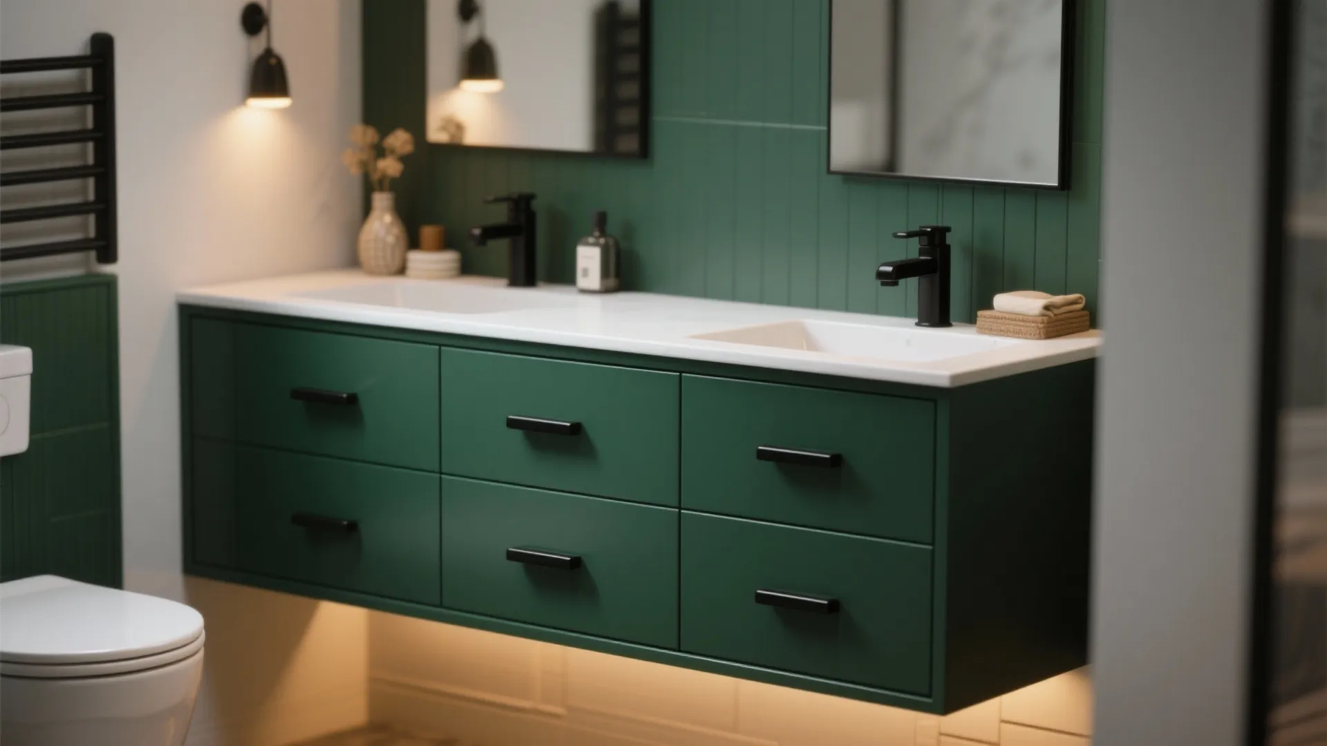 Green painted vanity with matte black handles and a white countertop in a small bathroom.