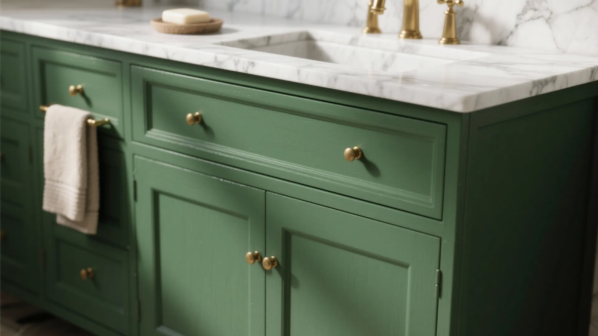 Green bathroom cabinet with white marble top gold faucet and a towel hanging on front