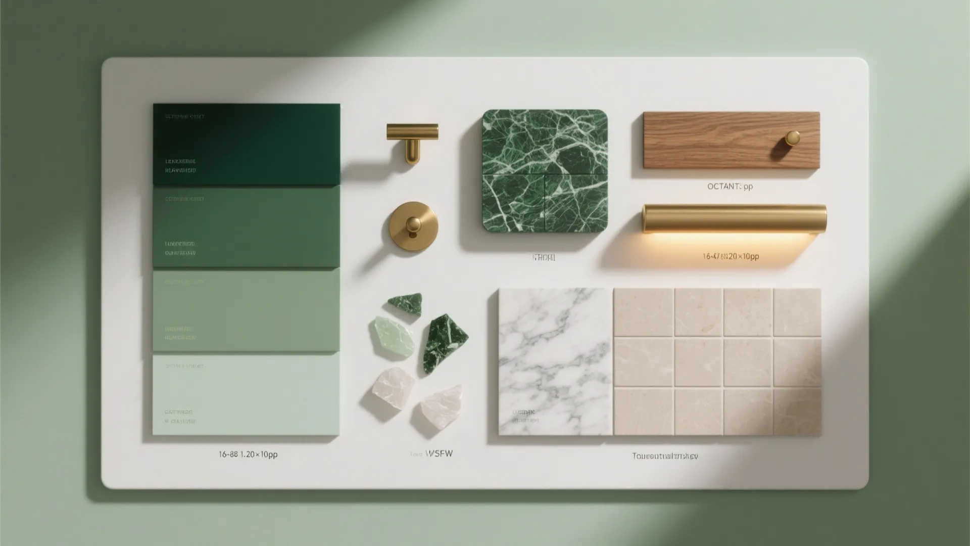 Interior design moodboard with green paint samples marble tiles gold handles and wood material textures