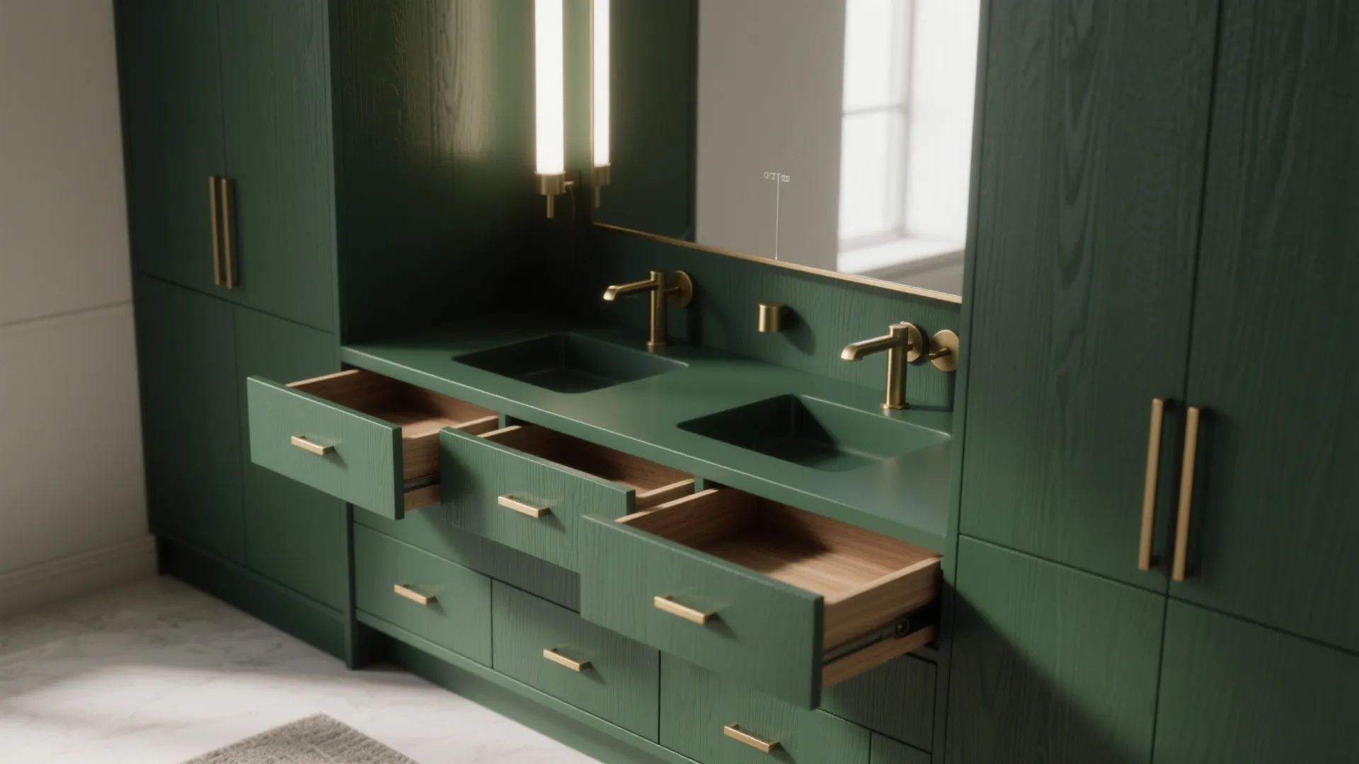 Dark green bathroom cabinet with double sink gold faucet open drawers and wall light fixture