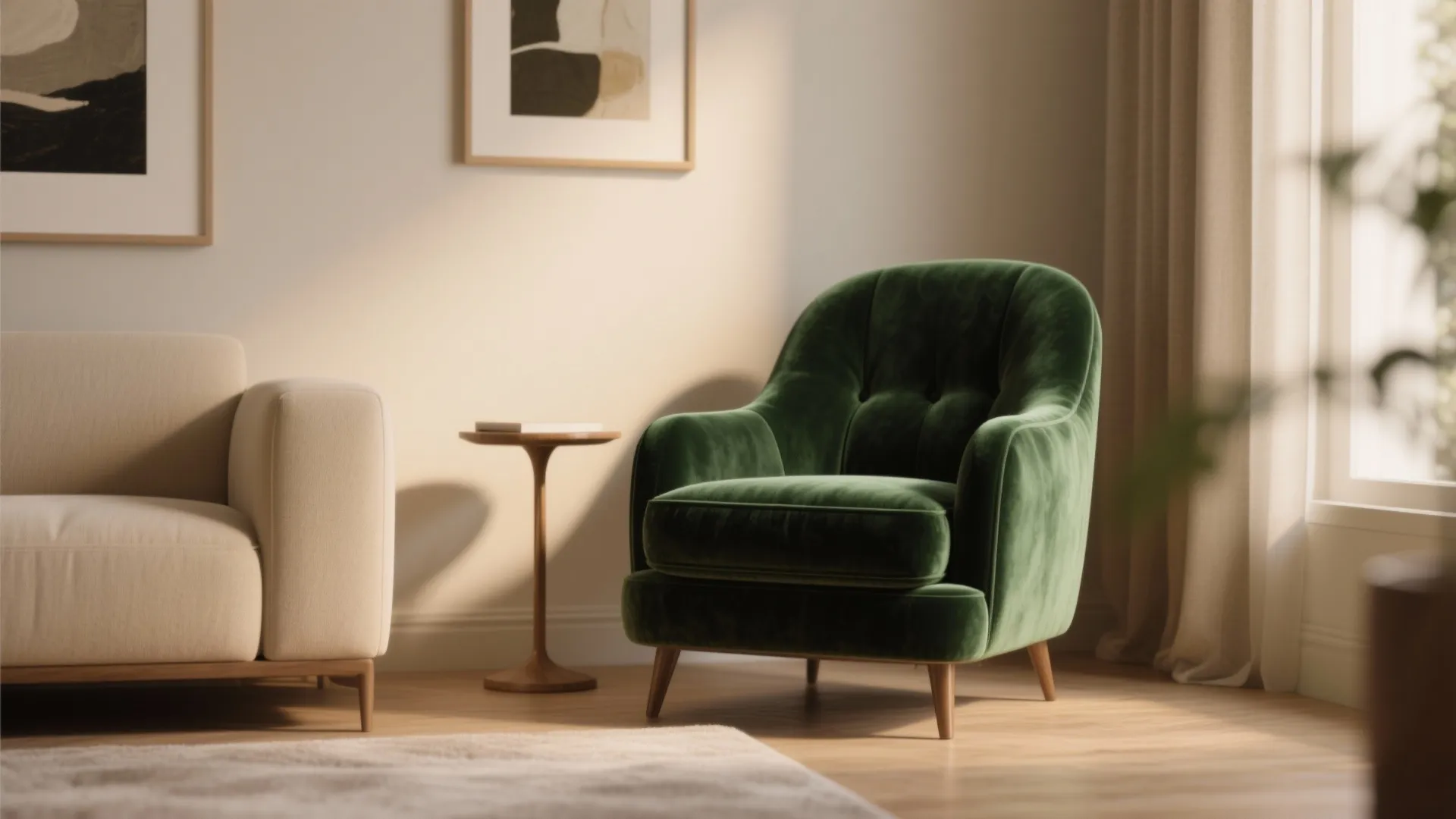 Elegant green velvet armchair in cozy living room corner with small wood table and art