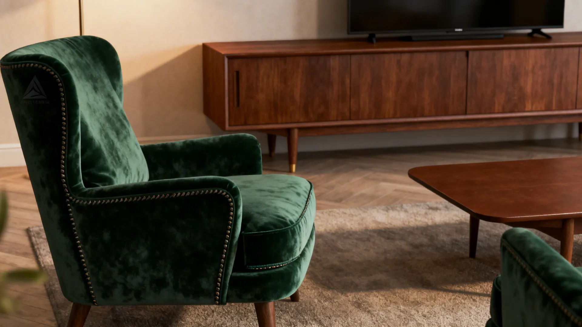 Dark green velvet chairs paired with a low brown wood console and coffee table.