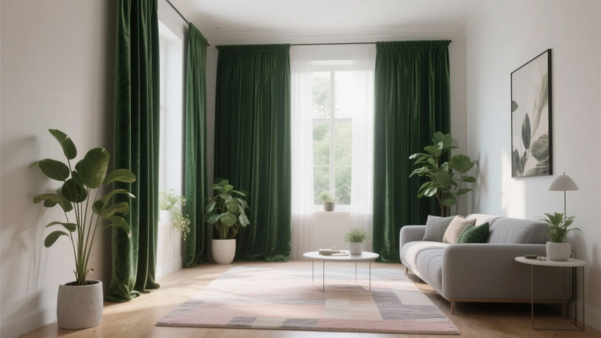 5. Green Velvet Curtains and Pastel Rugs