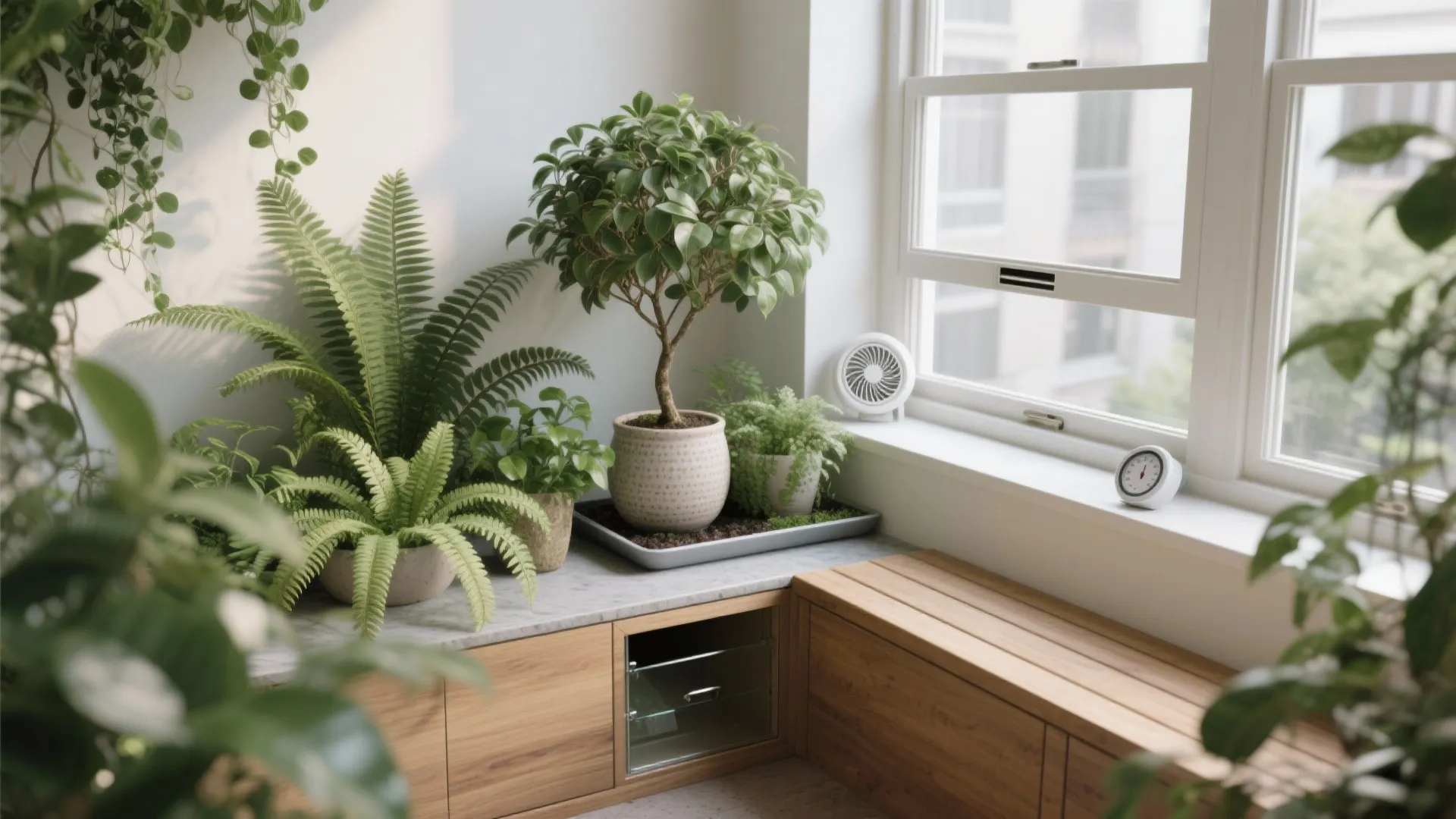 Green indoor plants near a window with a wooden bench, small fan, and natural sunlight