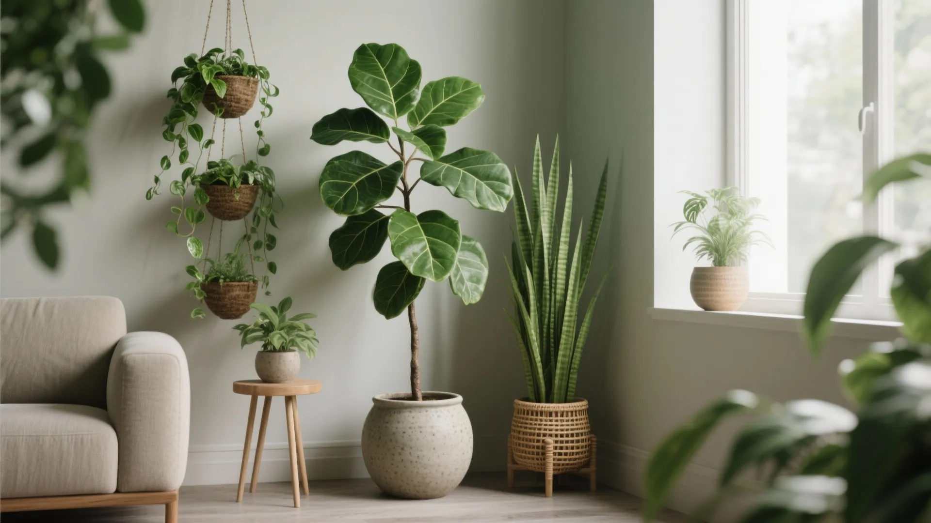 3. Green vertical corner: tall plants and hanging planters