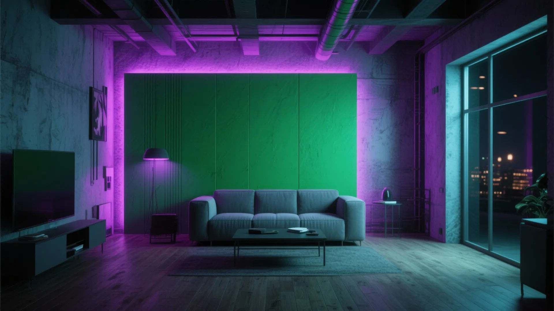 9. Green Accent Wall with Violet Lighting