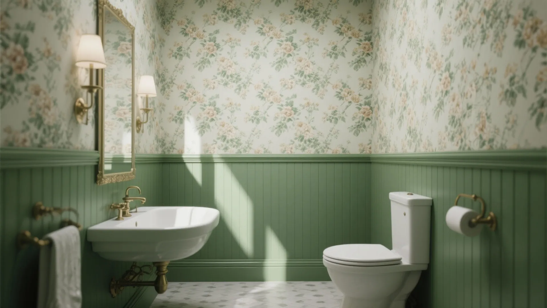 Classic bathroom featuring green wall panel design with floral wallpaper plus white sink and gold faucet