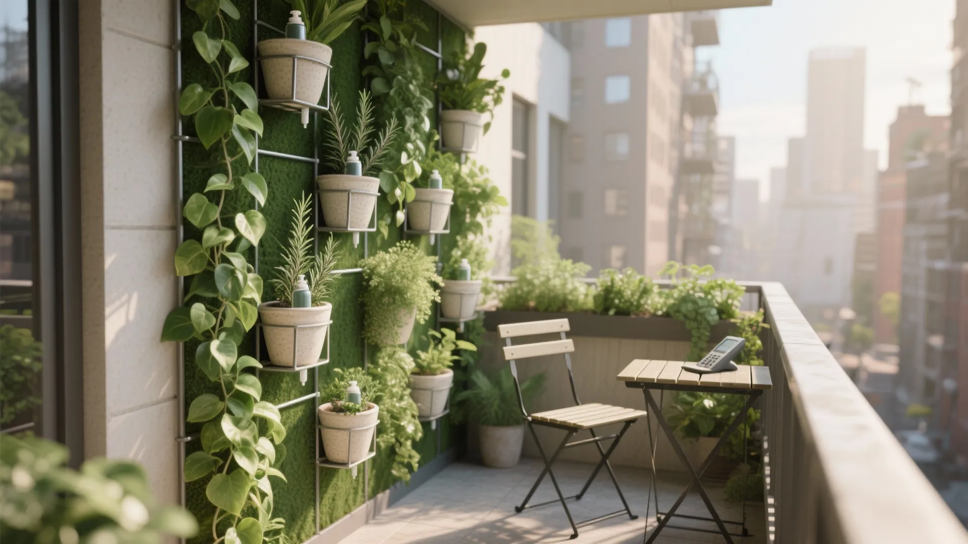 Urban balcony featuring a lush green wall with potted plants small wooden table and chair