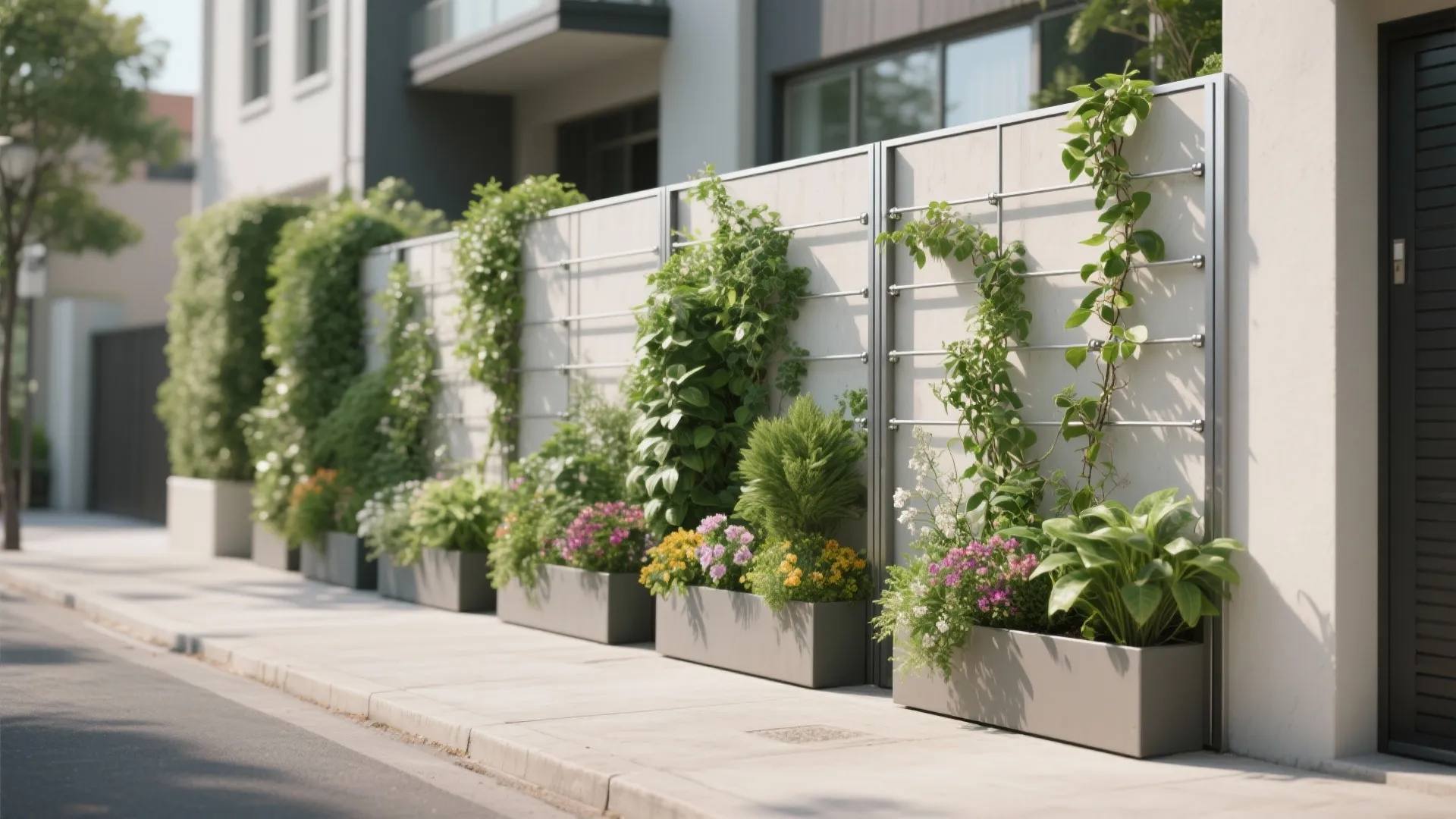 Living Green Boundary Wall with Climbers and Planters