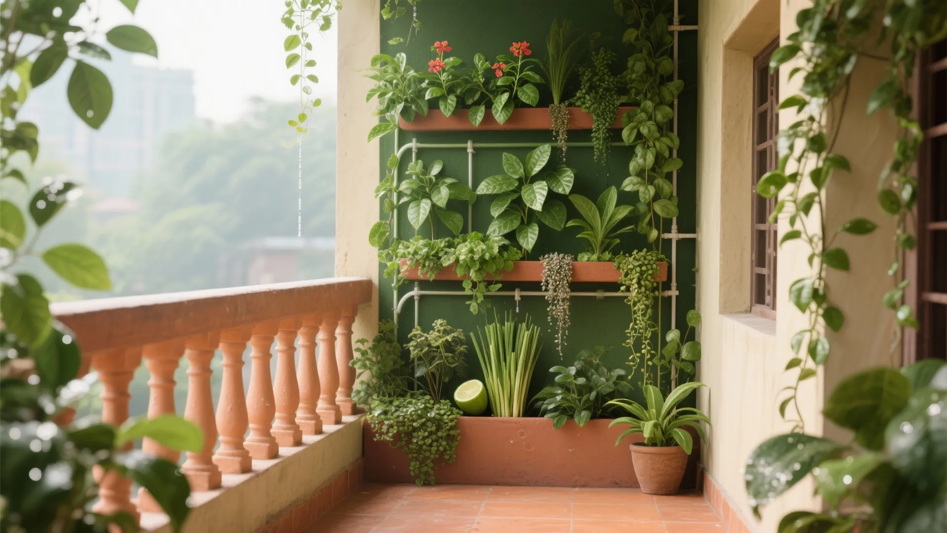Vertical garden on balcony wall featuring green plants flowers terracotta pots and a stone safety railing