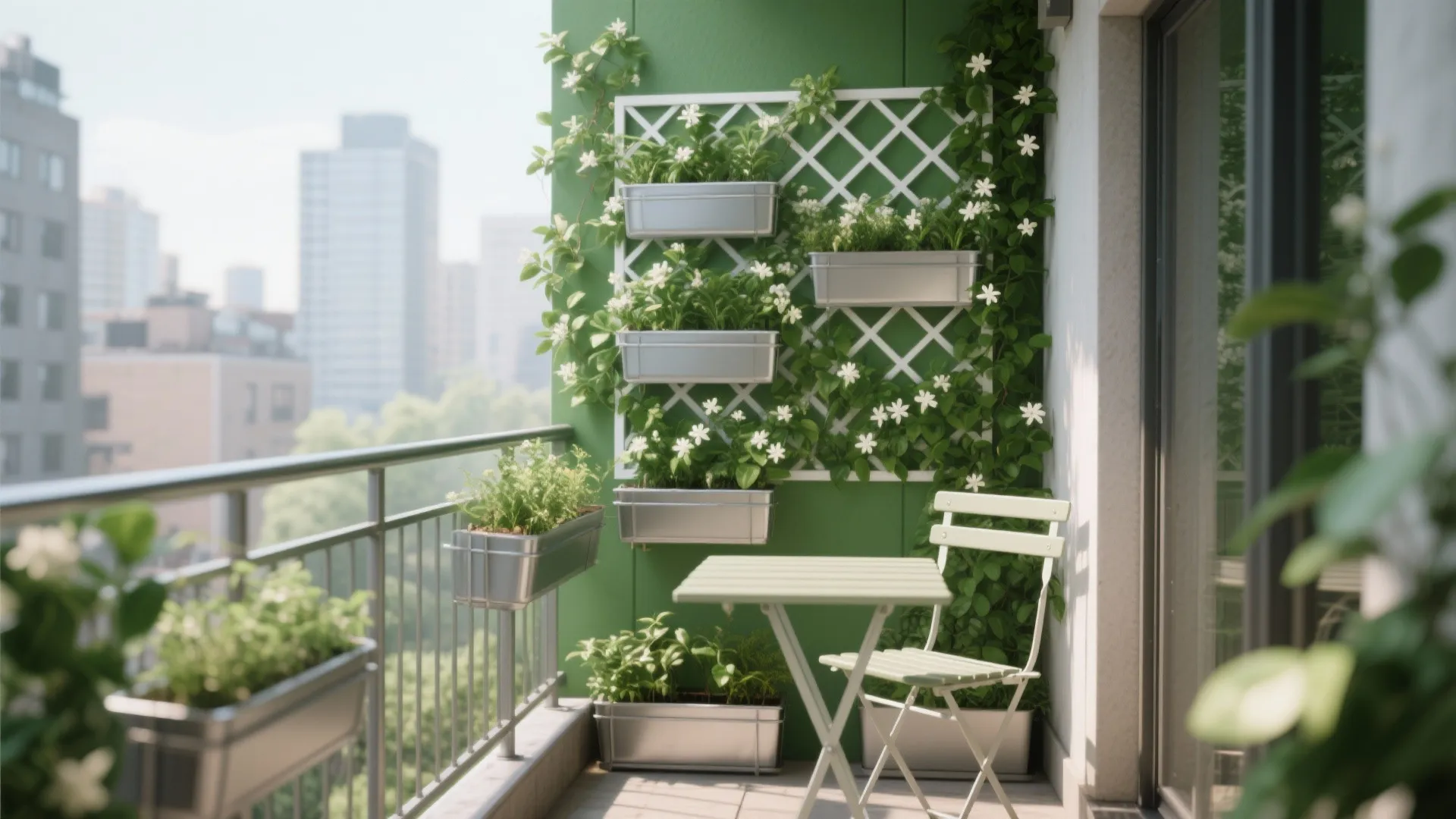 Vertical green wall with planters and climbing vines