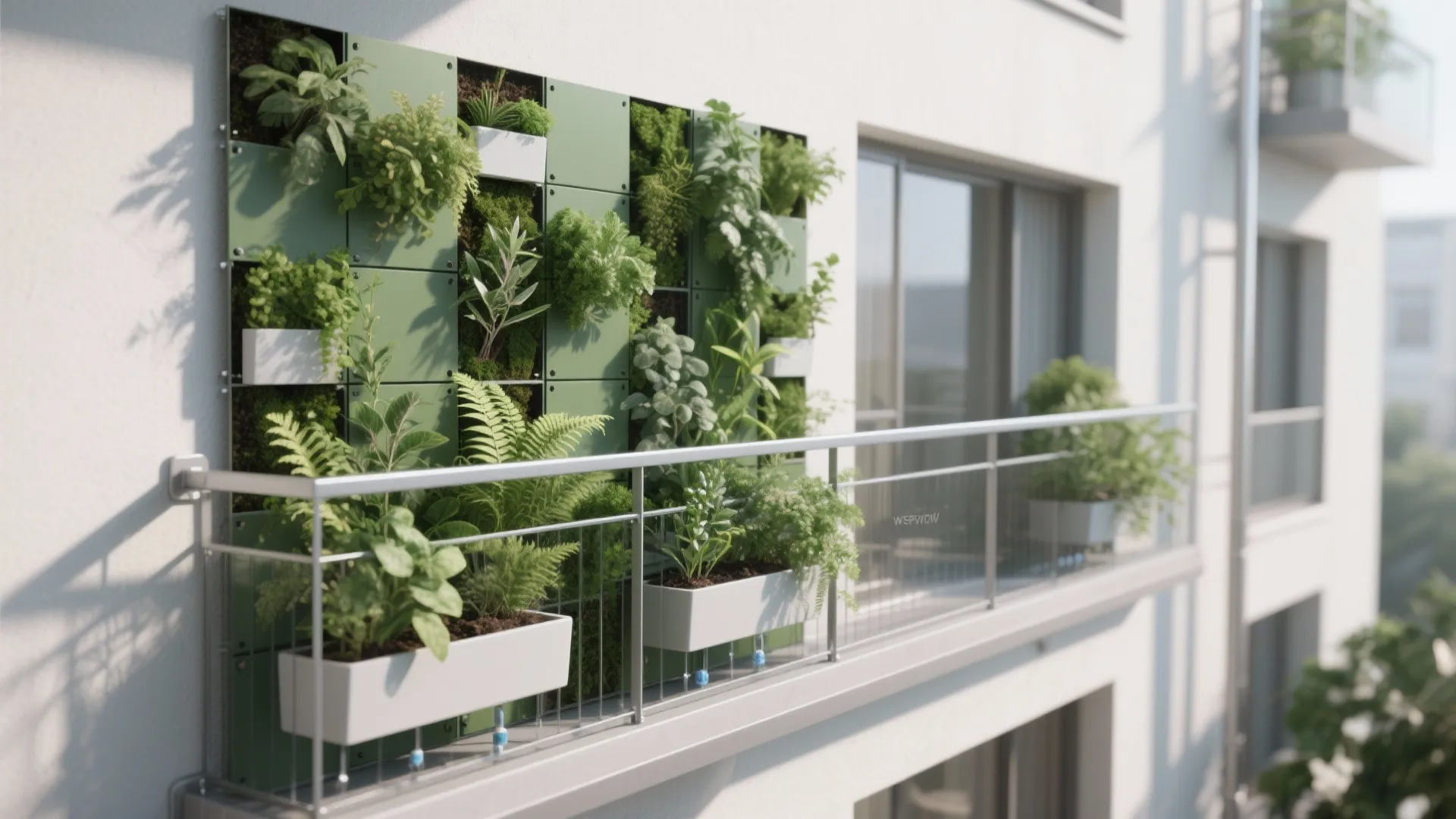 Vertical Green Wall and Rail Planters to Soften the Outside Wall