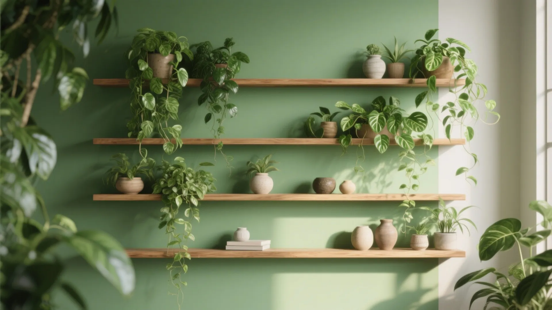 5. Green Wall with Planters and Thin Shelves