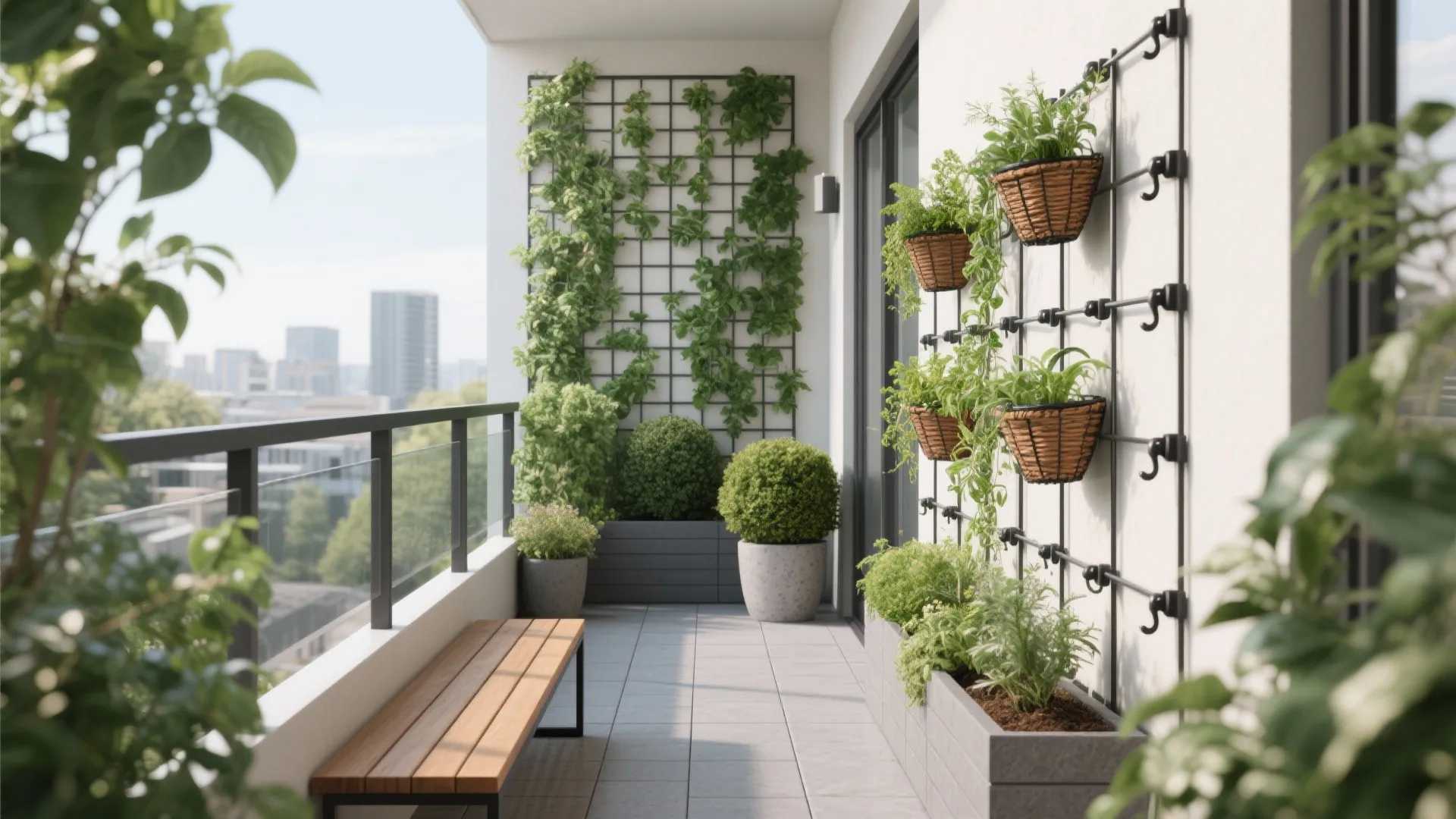 2) Vertical green walls and layered planting