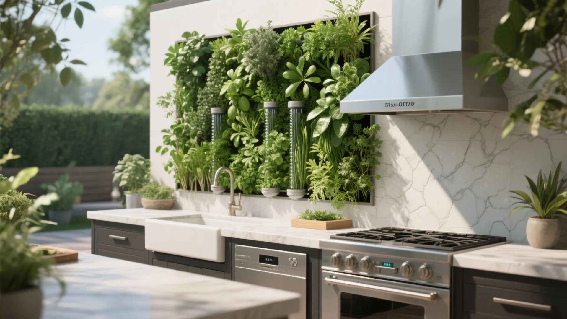 Modern kitchen featuring a vertical green plant wall backsplash white marble countertops and stainless steel appliances