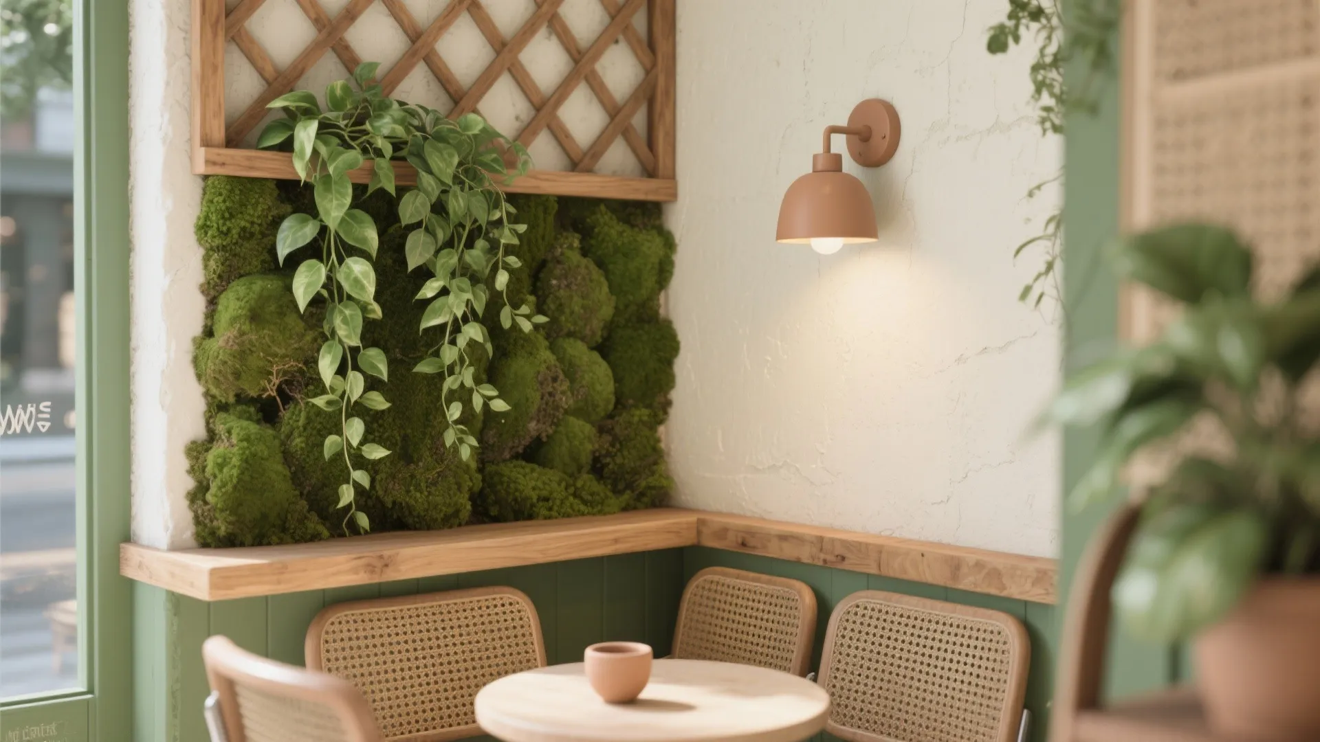 Cozy cafe corner featuring moss wall decoration green plants wooden furniture round table wall light