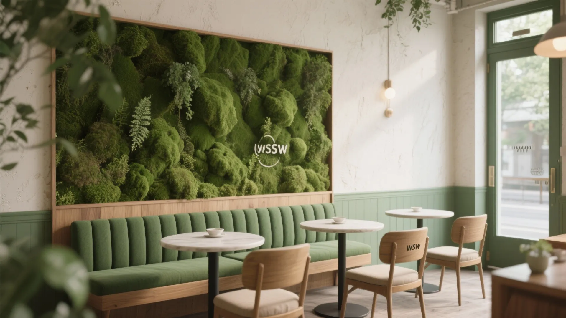 Bright cafe design with a large green moss wall green sofa and small marble tables