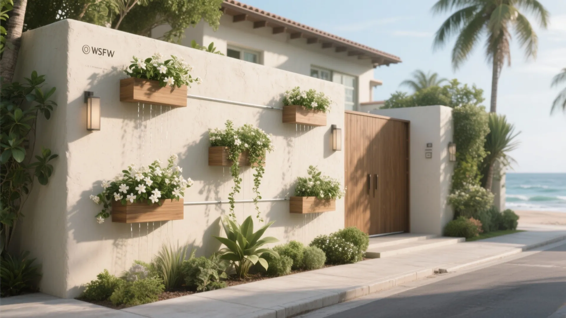 Compound wall with planter pockets and jasmine climbers, creating a fresh green facade under soft daylight.